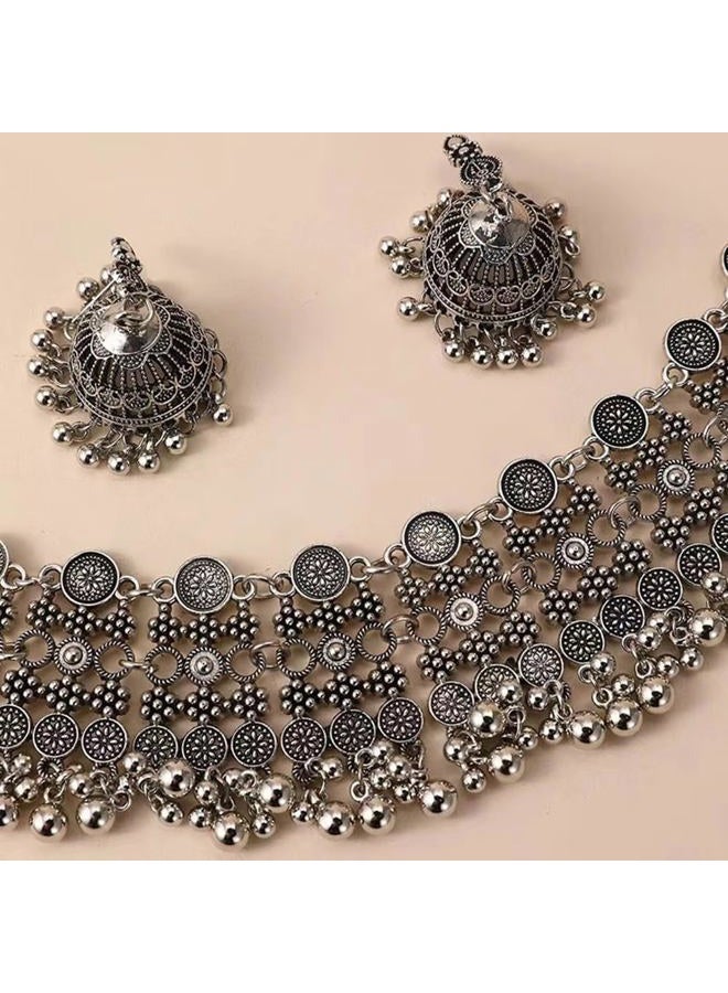 OIDIMS Indian Bollywood Traditional Jhumka Jewellery Set for Women Large Big Tassel Beaded Kundan Ethnic Wedding Wear Party Festival Choker Necklace Earrings Maang Tikka Traditional Antique Jewelry (Silver) - Image 5
