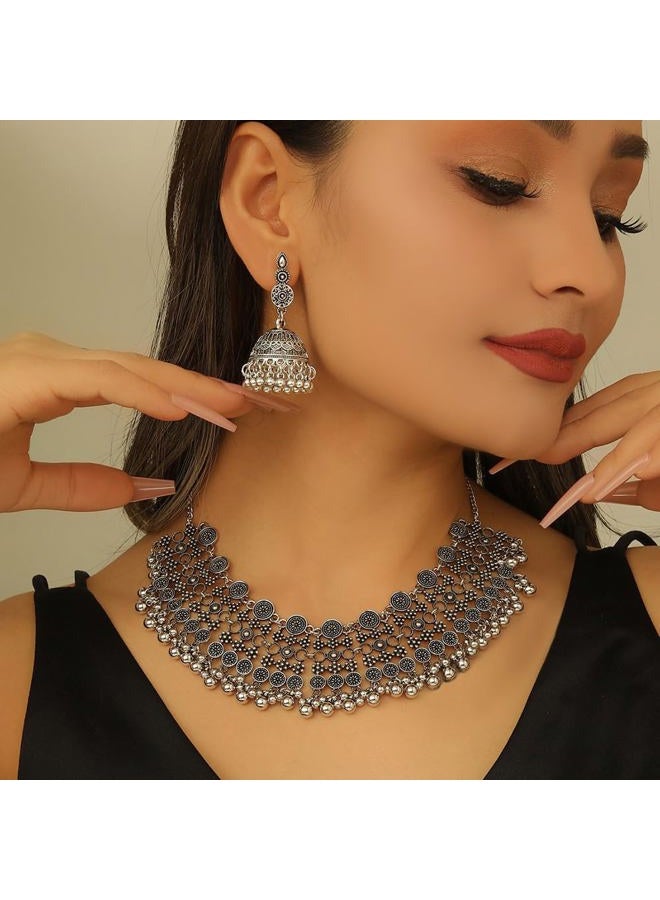 OIDIMS Indian Bollywood Traditional Jhumka Jewellery Set for Women Large Big Tassel Beaded Kundan Ethnic Wedding Wear Party Festival Choker Necklace Earrings Maang Tikka Traditional Antique Jewelry (Silver) - Image 2