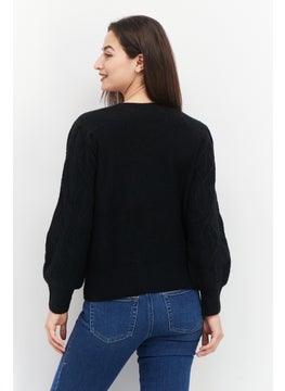1 State Women Crew Neck Long Sleeve Textured Sweater, Black  - Image 3