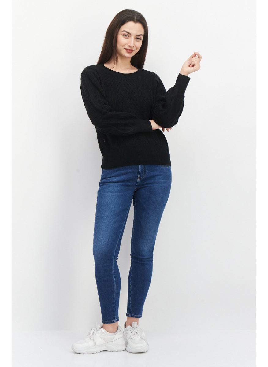 1 State Women Crew Neck Long Sleeve Textured Sweater, Black  - Image 2