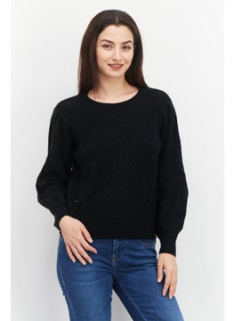 1 State Women Crew Neck Long Sleeve Textured Sweater, Black  - Image 1