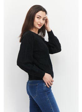 1 State Women Crew Neck Long Sleeve Textured Sweater, Black  - Image 4