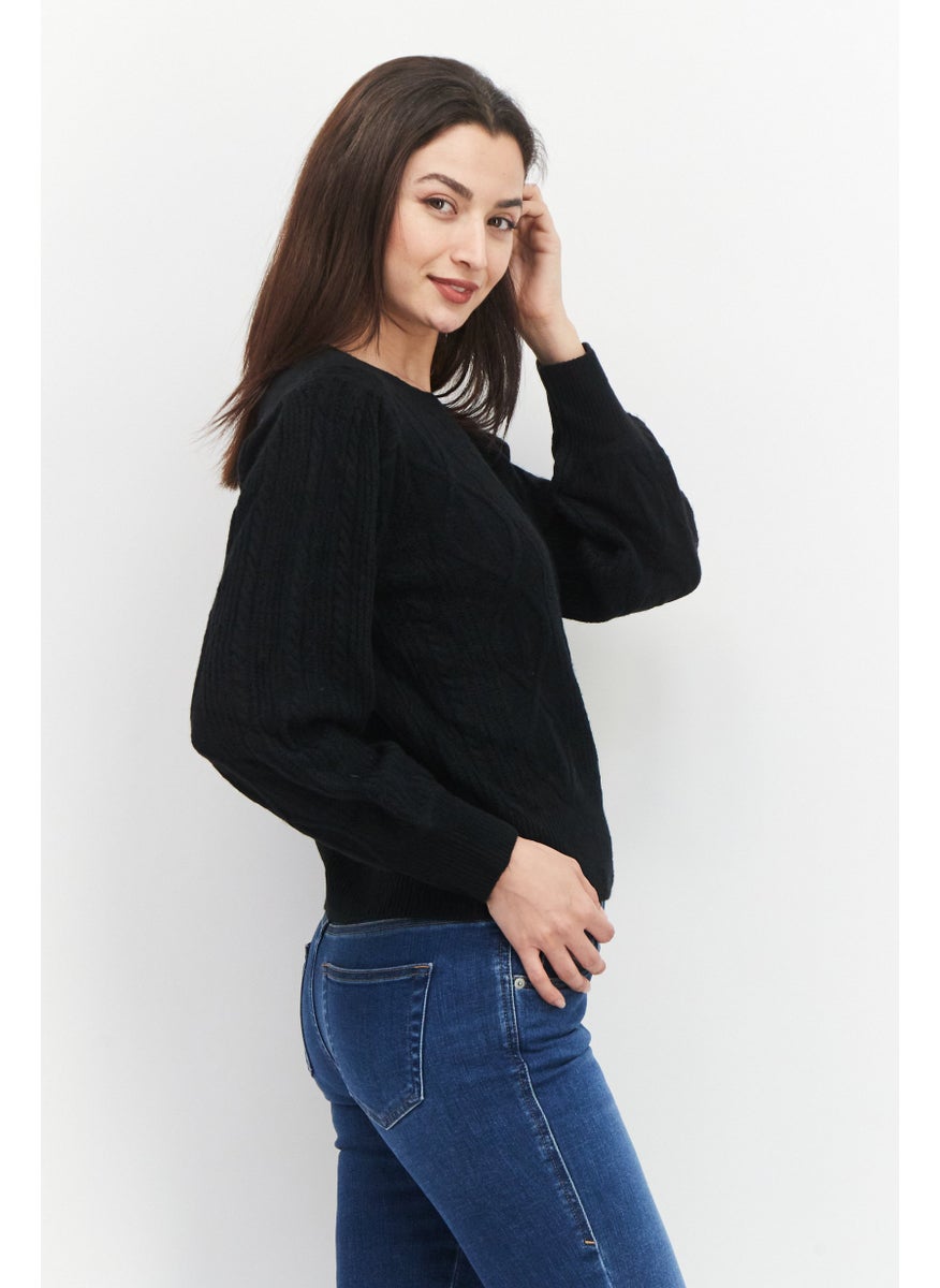 1 State Women Crew Neck Long Sleeve Textured Sweater, Black  - Image 4