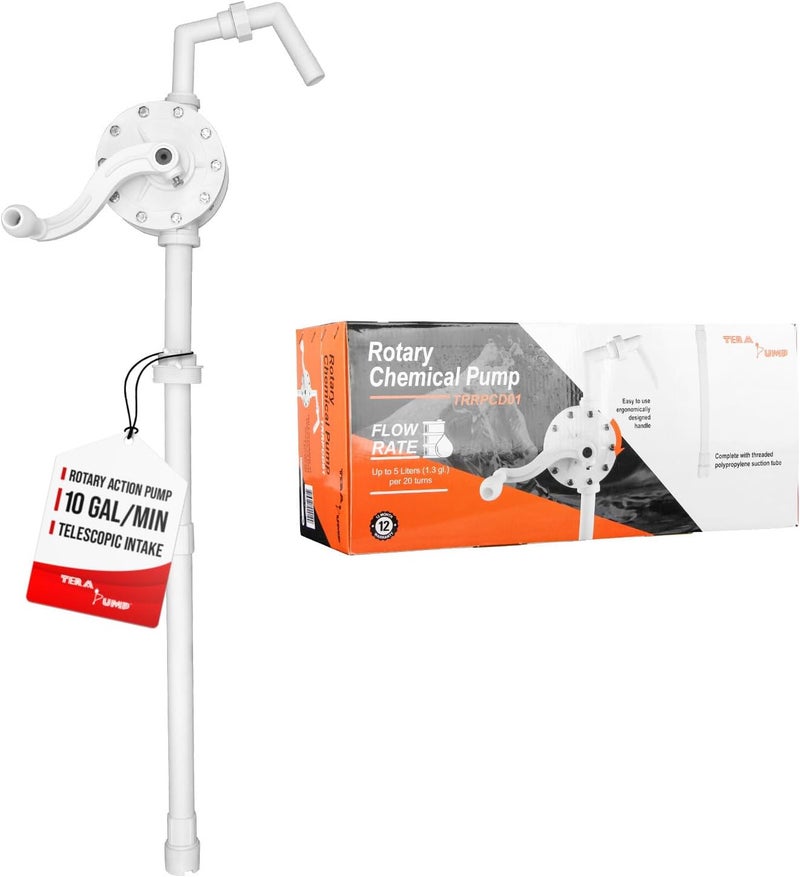 TERA PUMP Polypropylene Rotary Hand Chemical Pump with Adjustable Telescopic Suction Tube, Adapter to fit NPS, Buttress Threads on Barrels, Fits 15 to 55 Gallons Drums, for Light Oils, DEF, Detergents - Image 1