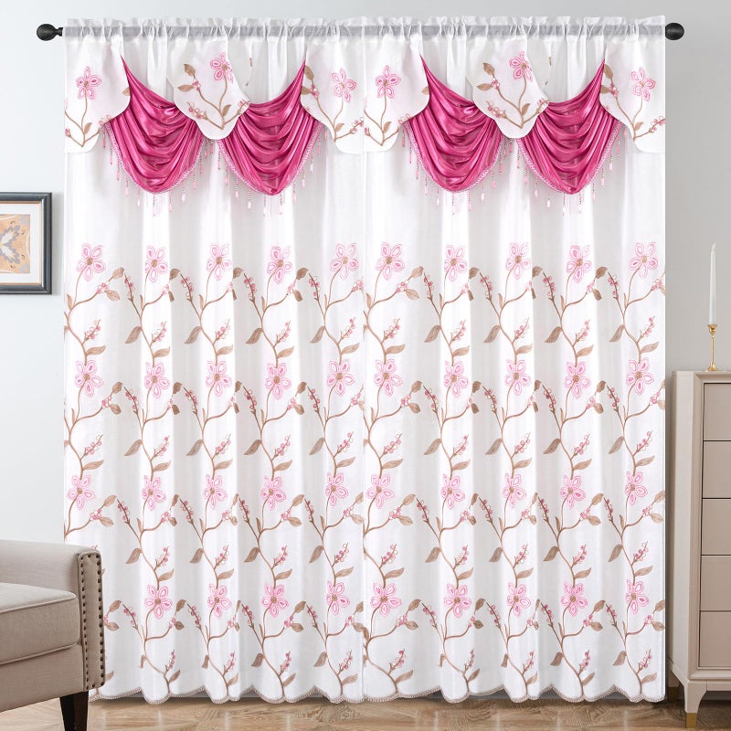 Petrichor Embroidered Sheer Curtain 2 Panels Set - Luxury Window Curtain Attached Valance with Satin Backing and 2 Tie Backs for Living Room,Dining Room, 54x84 inches, Rose - Image 1