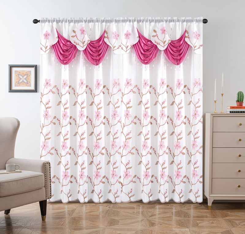 Petrichor Embroidered Sheer Curtain 2 Panels Set - Luxury Window Curtain Attached Valance with Satin Backing and 2 Tie Backs for Living Room,Dining Room, 54x84 inches, Rose - Image 2