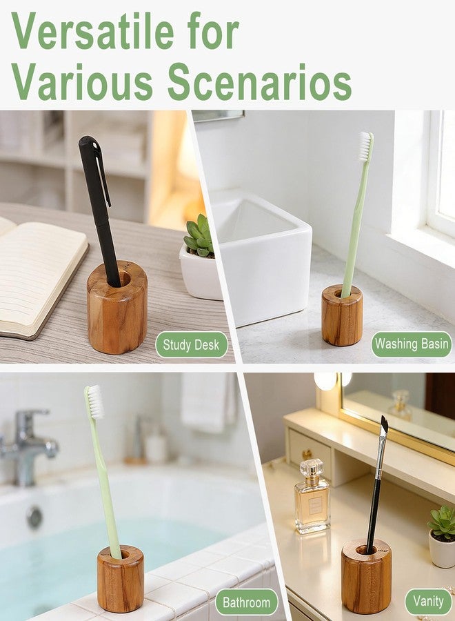 HTB Toothbrush Holder for Bathroom,2 Pack Teak Wood Toothbrush Stand Organizer Base Station Hollow Drainage Design,Small Countertop Organizer for pens,Makeup Brushes,Space Saver - Image 4