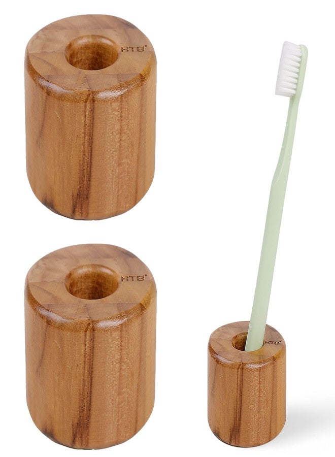HTB Toothbrush Holder for Bathroom,2 Pack Teak Wood Toothbrush Stand Organizer Base Station Hollow Drainage Design,Small Countertop Organizer for pens,Makeup Brushes,Space Saver - Image 1