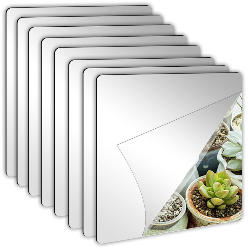 JUNEBRUSHS JUNEBRUSHS 8 Pack Self Adhesive Acrylic Mirror 8 x 8 Inch TilesFlexible Plastic Mirror Sheets Wall Stickers2MM Thick Frameless Small Mirror 