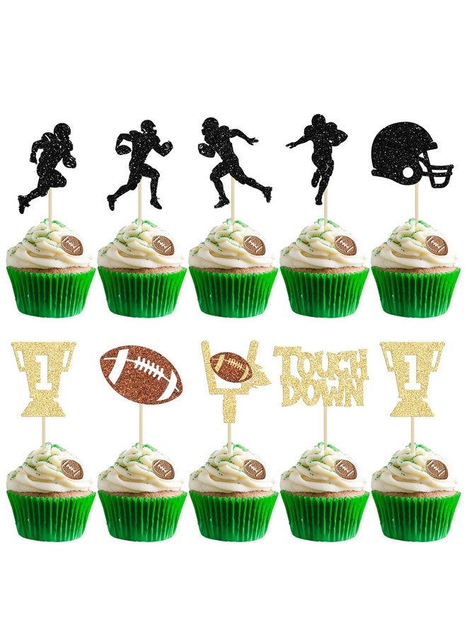 Ephlyn 36Pcs Rugby Ball Cupcake Toppers Glitter Trophy American Football Cupcake Picks Touchdown Player Cake Decorations for Super Bowl Rugby Sports Theme Baby Shower Kids Birthday Party Supplies - Image 1