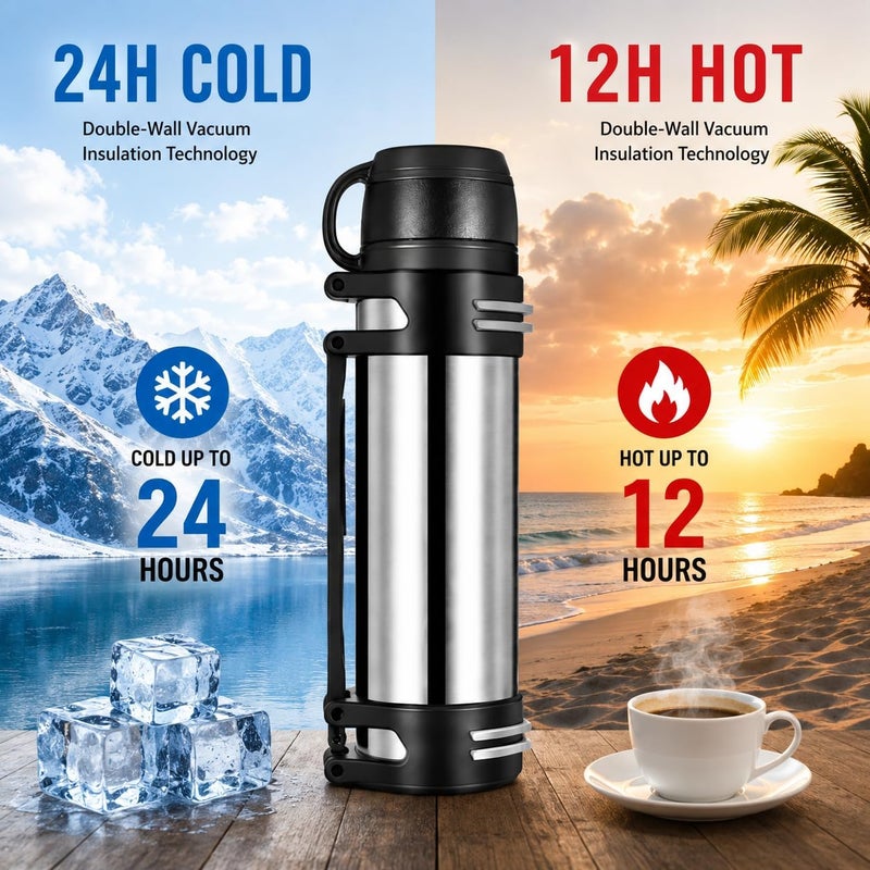 KIDENEI 2.5L Vacuum Insulated Bottle with Handle Cup, Stainless Steel Insulated Water Jug with Strap, Keeping Hot or Cold 24 Hours Coffee Thermos for Traveling Hiking Fishing - Image 2