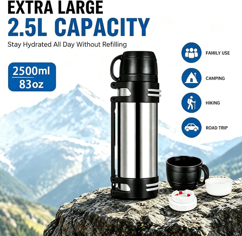 KIDENEI 2.5L Vacuum Insulated Bottle with Handle Cup, Stainless Steel Insulated Water Jug with Strap, Keeping Hot or Cold 24 Hours Coffee Thermos for Traveling Hiking Fishing - Image 3