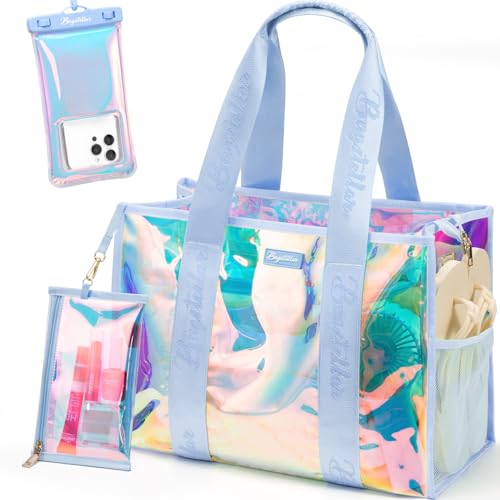 Bagstellar Beach Bags for Women, 3 PCS Large Iridescent Clear Beach Tote Bag with Zipper, Makeup Bag & Waterproof Phone Pouch Case, Sandproof Crossbody Swim Pool Bag Summer Vacation Travel Essentials - Image 1
