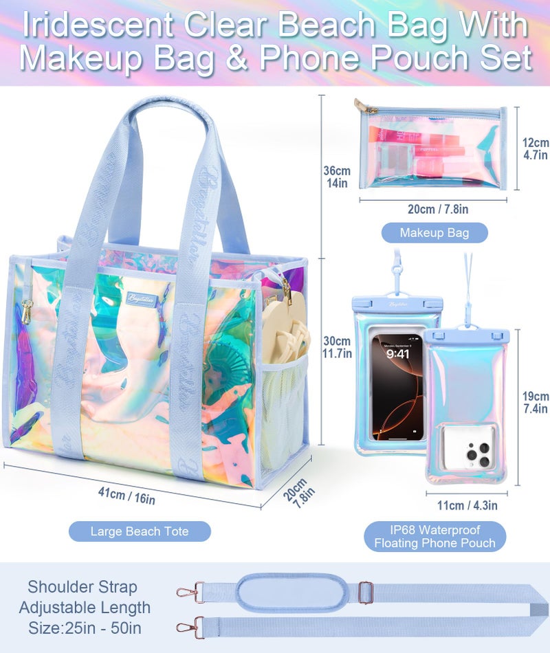 Bagstellar Beach Bags for Women, 3 PCS Large Iridescent Clear Beach Tote Bag with Zipper, Makeup Bag & Waterproof Phone Pouch Case, Sandproof Crossbody Swim Pool Bag Summer Vacation Travel Essentials - Image 3