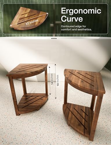 HOLANA 18" Acacia Wood Corner Shower Bench, Corner Shower Stool, Bath Stool with Lower Shelf - Wooden Shower Stool for Inside Shower - Shower Foot Rest (Walnut Color) - Image 2