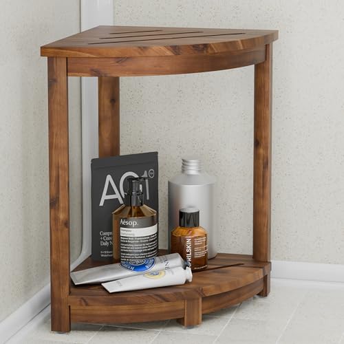 HOLANA 18" Acacia Wood Corner Shower Bench, Corner Shower Stool, Bath Stool with Lower Shelf - Wooden Shower Stool for Inside Shower - Shower Foot Rest (Walnut Color) - Image 1