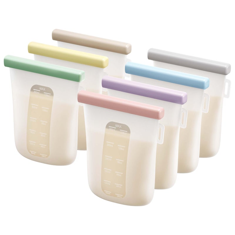 Nuliie 7 Pcs Reusable Silicone Breastmilk Storage Bags, 12oz/360ml Double Leak-Proof, BPA Free Self-Standing Milk Bags for Breastfeeding, Baby Food Pouches - Image 1