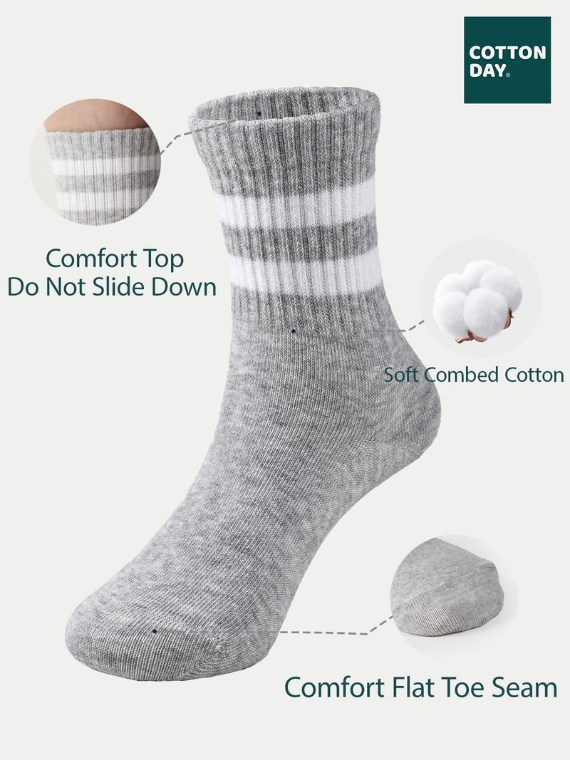 COTTON DAY Unisex School Kids Boys Girls Soft Cotton White Athletic Socks with Black Gray Stripes 8-10 Years L (10) - Image 4