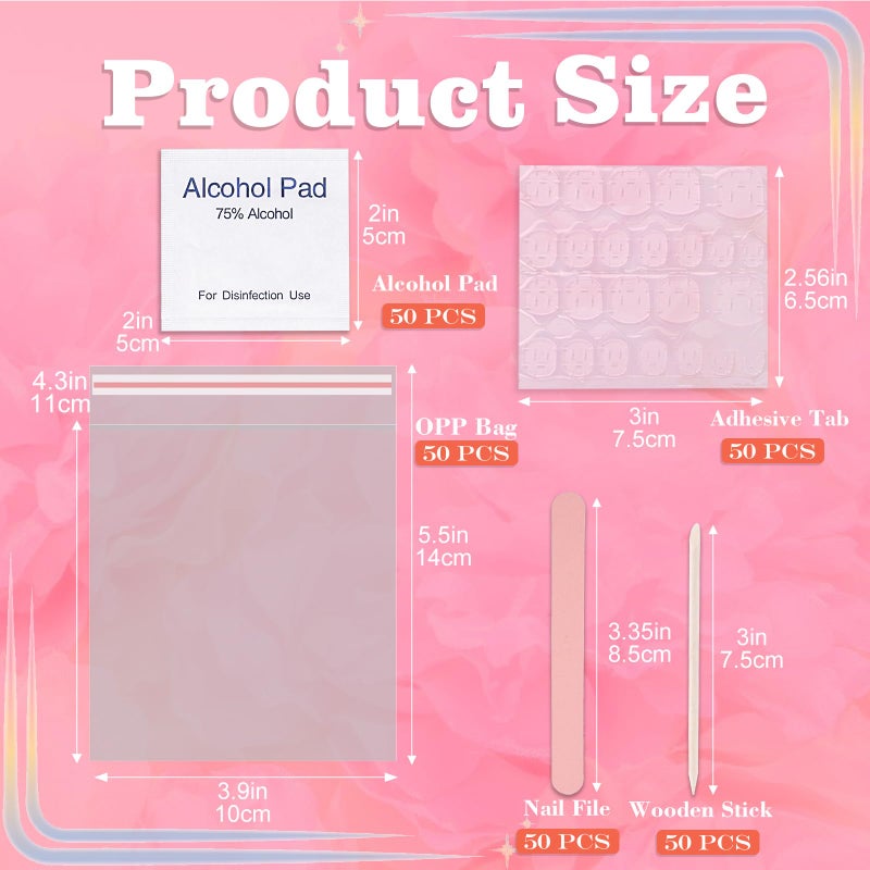 Lokyango 50 Set Disposable Press on Nail Tool Kit, Including 50pcs Nail File, 50pcs Adhesive Nail Tabs, 50pcs Prep Pad, 50pcs Wood Stick, 50pcs OPP Bag, Manicure Nail Prep Kit for Salon Home (50pcs-B-Pink) - Image 3