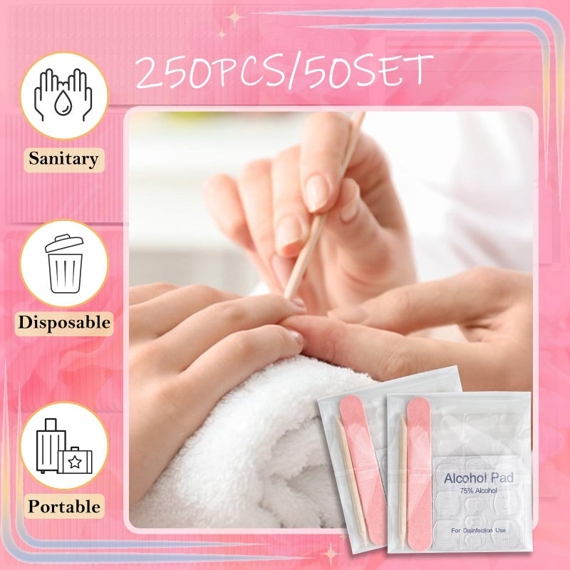 Lokyango 50 Set Disposable Press on Nail Tool Kit, Including 50pcs Nail File, 50pcs Adhesive Nail Tabs, 50pcs Prep Pad, 50pcs Wood Stick, 50pcs OPP Bag, Manicure Nail Prep Kit for Salon Home (50pcs-B-Pink) - Image 5