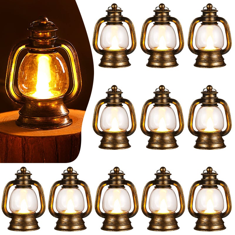 Ferraycle 12 Pcs Mini Lantern Decor Western Lantern Table Centerpiece Small Vintage Camping Hanging Lamp Ornaments Bulk for Cowboy Cowgirl Wedding Halloween Christmas 4 InchRetro Gold