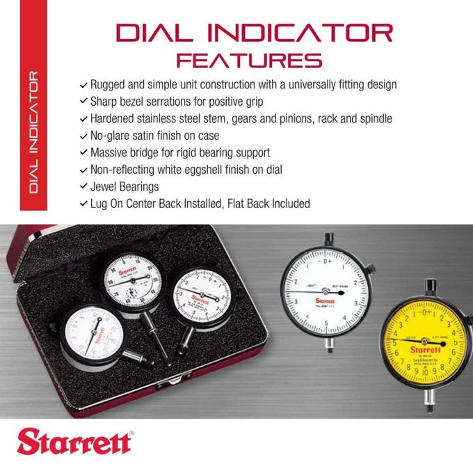 Starrett 25 Series Dial Indicator With Jewel Bearings And Lug-On-Center Back Yellow Face, 0-25.0Mm Range, 0-100 Dial Reading, 0.01Mm Graduations 25-881J - Image 2