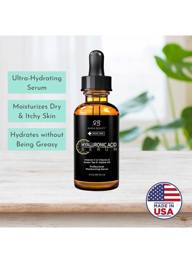 Radha beauty Hyaluronic Acid Serum for Skin, 2 fl. oz - Infused with Vitamin C, Vitamin E, Green Tea & Jojoba Oil, Intensive Moisture and Hydration for Anti-Aging, Wrinkles, and Fine Lines  - Image 2