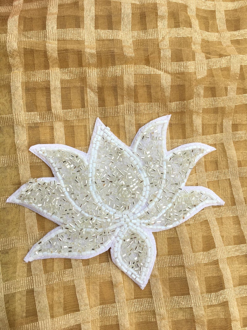 DaSync SYNC white beads cutdana Flower patch nalki pipe cutdana patches 10.5 cm patch for saree decoration,clothes,blouse,dresses,dupatta,choli,chunni,suits,decoration,craft sew or paste on clothes Fabric Beading Applique - Image 2