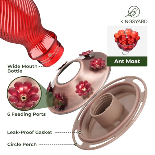 Kingsyard Glass Hummingbird Feeders for Outdoors, 24 oz Hummingbird Nectar Feeder for Garden Decorations with 6 Feeding Ports, Ant Moat Included, Gifts for Women Mom, Easy to Clean & Refill, Red - Image 2