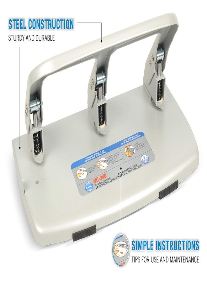 Carl, Medium-Duty 3 Hole Paper Punch, 40 Sheet Punch Capacity, Metallic, Model:HC-340 - Image 2