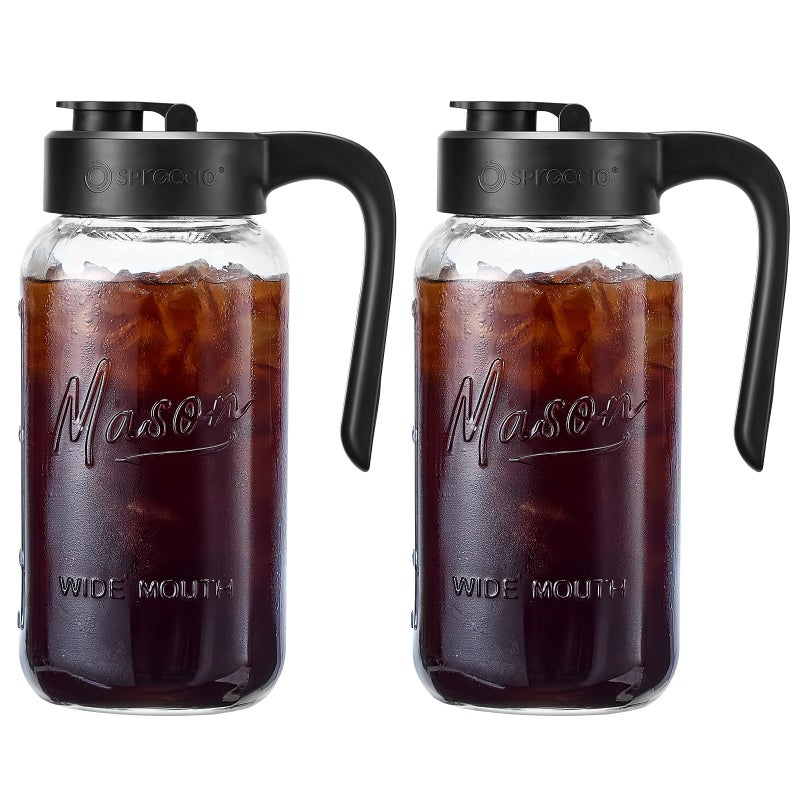 Spreccio Mason Jar Pitcher - Airtight & Leakproof Glass Pitcher with Lid[set of 2], Perfect for Breastmilk, Cold Brew, and Sun Tea, 2 Quart (64 oz) Mason Jar with Pour Spout Lid - Image 1
