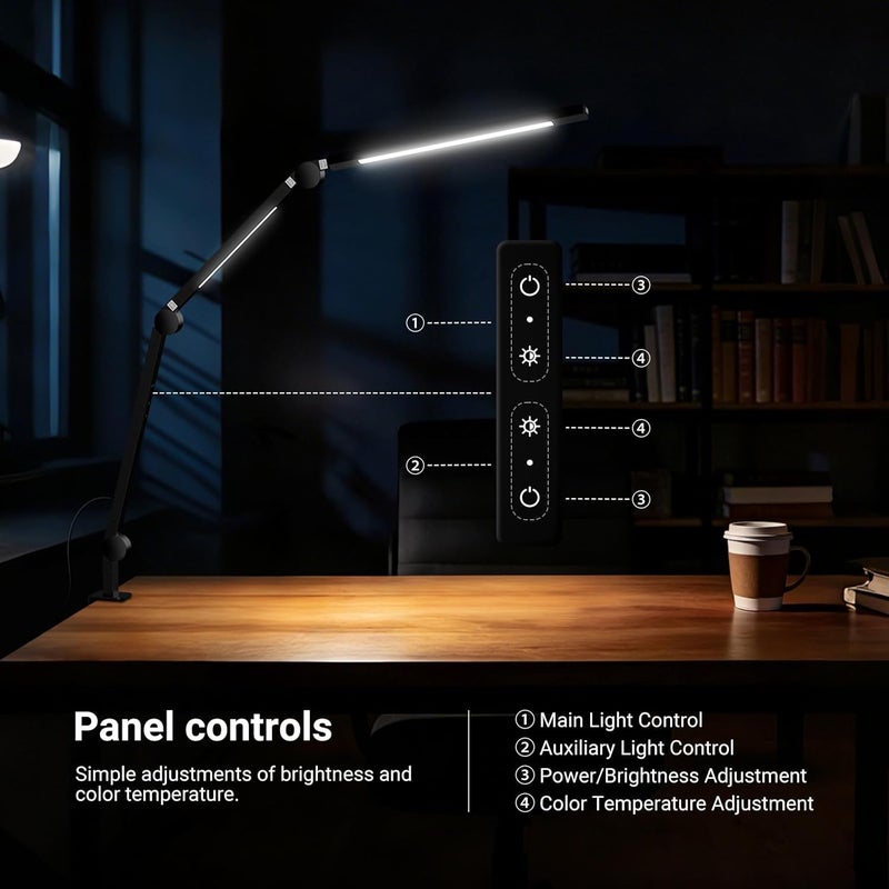 Neewer NEEWRE Basics 42.5" Clip On Desk Lamp for Home Office, 12W Aluminum Alloy Dual Bar LED Dimmable Architect Table Light Bi Color for Monitor Computer Drafting Video Conference Lighting, CRI95+, ME-DL02 - Image 5