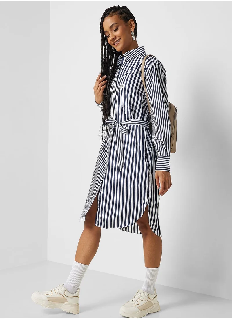 LACOSTE Striped Button And Tie Detail Dress