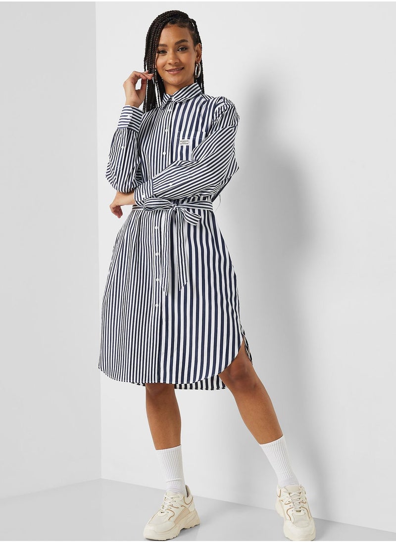 LACOSTE Striped Button And Tie Detail Dress  - Image 1