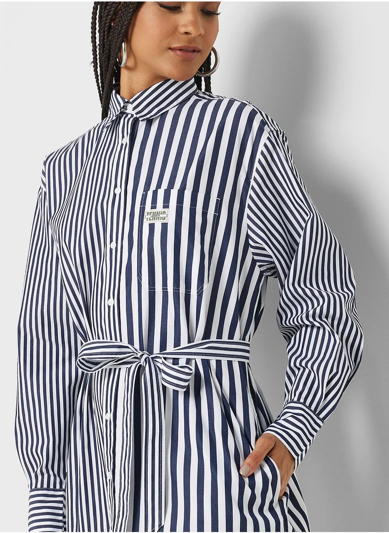LACOSTE Striped Button And Tie Detail Dress