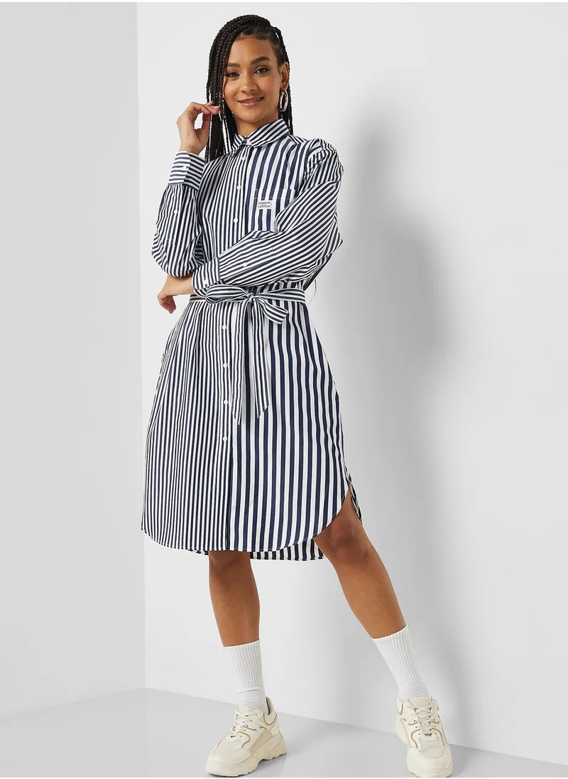 LACOSTE Striped Button And Tie Detail Dress