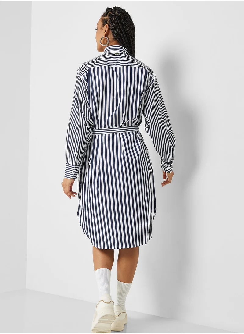 LACOSTE Striped Button And Tie Detail Dress