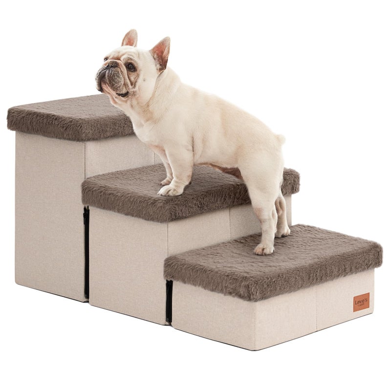 Love's cabin Dog Stairs for High Bed 18" H, 3 Steps with Furry Lids Pet Stairs for Small Medium Large Dogs, Foldable Cat Ramp with Zip up to 200 lbs, Brown - Image 1