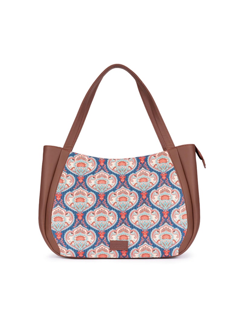 ZOUK Kovil Blue Motif Printed Jute Handcrafted Vegan Leather Blue Women's Shoulder Luna Handbags | Ladies Purse Handbag - Image 1