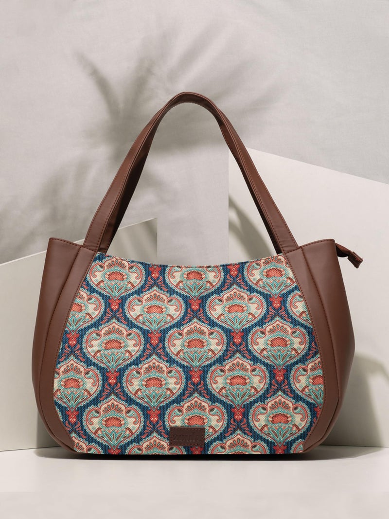 ZOUK Kovil Blue Motif Printed Jute Handcrafted Vegan Leather Blue Women's Shoulder Luna Handbags | Ladies Purse Handbag - Image 4