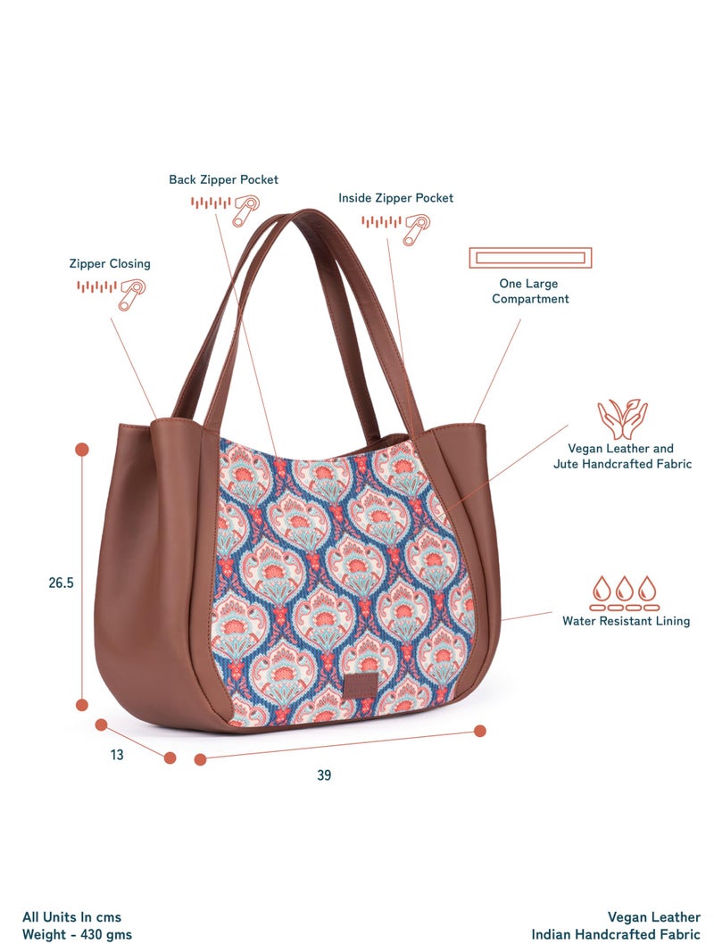 ZOUK Kovil Blue Motif Printed Jute Handcrafted Vegan Leather Blue Women's Shoulder Luna Handbags | Ladies Purse Handbag - Image 5