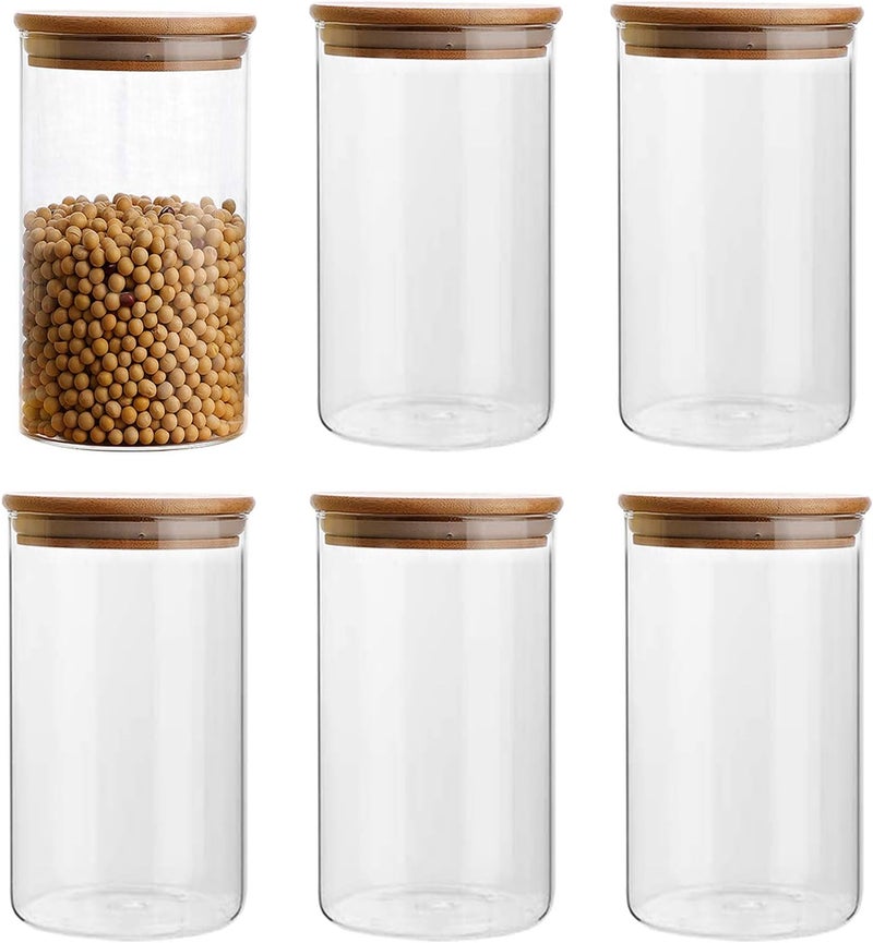 Flrolove 35oz/1000ml مجموعة حاويات تخزين الطعام الزجاجية الشفافة، برطمانات طعام محكمة الإغلاق مع أغطية خشبية من الخيزران، علب المطبخ للسكر والحلوى والبسكويت والأرز وبرطمانات التوابل - مجموعة من 6 قطع - Image 1