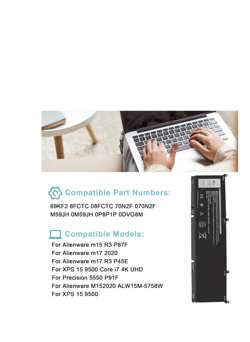 Terabyte بطارية بديلة 69KF2 لجهاز Dell G7 15 7500 G15 5510 5511 5515 5520 5521 XPS 15 9500 9510 9530 Alienware M15 R3 R4 R5 R6 R7 M17 R3 R3 R 4 Precision 5550 5560 5570 Inspiron 7510 7610 7620 86Wh 11.4 - Image 3