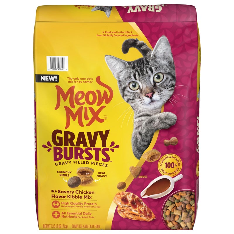 Meow Mix Gravy Bursts Savory Chicken Flavor Mix with Gravy Filled Pieces, Dry Cat Food, 13.5 Pound Bag - Image 1