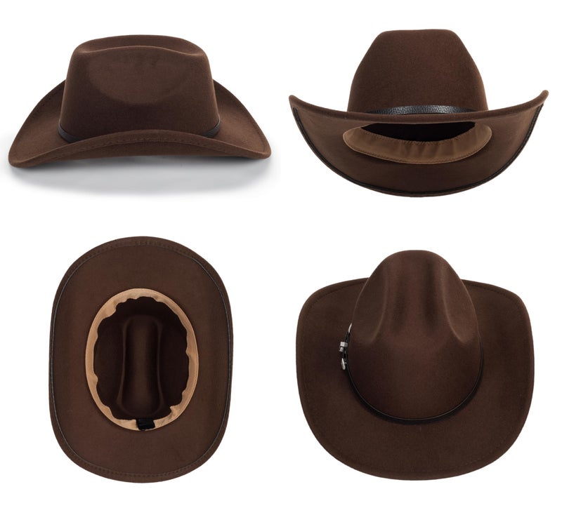 CaySep Women-Classic-Western-Cowboy-Shapeable-Hat - Men-Roll-Up-Wide-Brim-Felt-Fedora-Hats-Cowgirl-Hat with Belt Buckle(M-L) Coffee - Image 4
