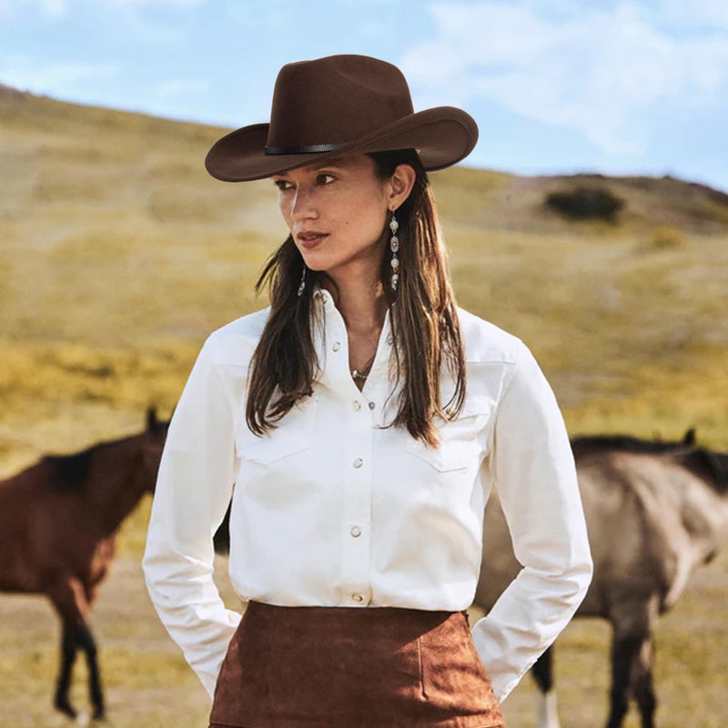 CaySep Women-Classic-Western-Cowboy-Shapeable-Hat - Men-Roll-Up-Wide-Brim-Felt-Fedora-Hats-Cowgirl-Hat with Belt Buckle(M-L) Coffee - Image 3