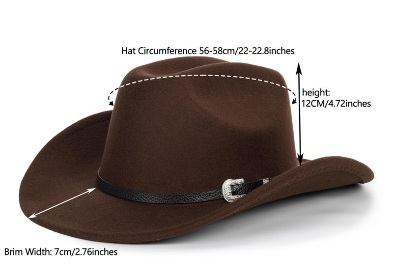 CaySep Women-Classic-Western-Cowboy-Shapeable-Hat - Men-Roll-Up-Wide-Brim-Felt-Fedora-Hats-Cowgirl-Hat with Belt Buckle(M-L) Coffee - Image 2