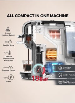 Cafelffe 4-in-1 Capsule Coffee Machine,Multifunction Hot Cold Espresso Coffee Maker for Coffee Powder,19Bar High Pressure Pump,1450W 600ml Black  - Image 3