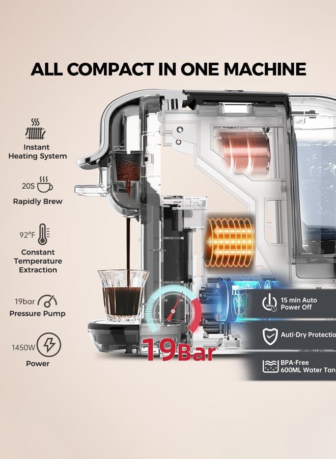 Cafelffe 4-in-1 Capsule Coffee Machine,Multifunction Hot Cold Espresso Coffee Maker for Coffee Powder,19Bar High Pressure Pump,1450W 600ml Black - Image 3
