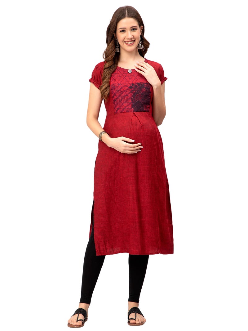 CEE 18 Women's Cotton Rayon Straight Maternity Feeding Kurti for Feeding with Zippers(9652_40,Romantic Red,L) - Image 2
